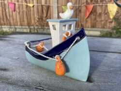 Cornish Fishing Boat "Boscastle". Handmade by UK Ceramic Artist Penny Howarth