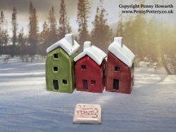 Handmade Miniature Snow-Covered House Sets of 3. Unique Collectable Ceramic Artworks by UK Artist Penny Howarth