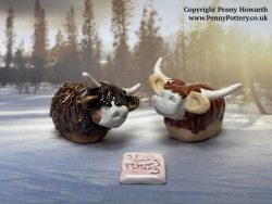 Charming Miniature Ceramic Highland Cows. Collectable Handmade Sculptures by UK Artist Penny Howarth