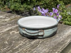 Round Light Turquoise Handmade 950ml Ceramic Oven Dish. One-of-a-Kind Functional Artwork by UK Artist Penny Howarth